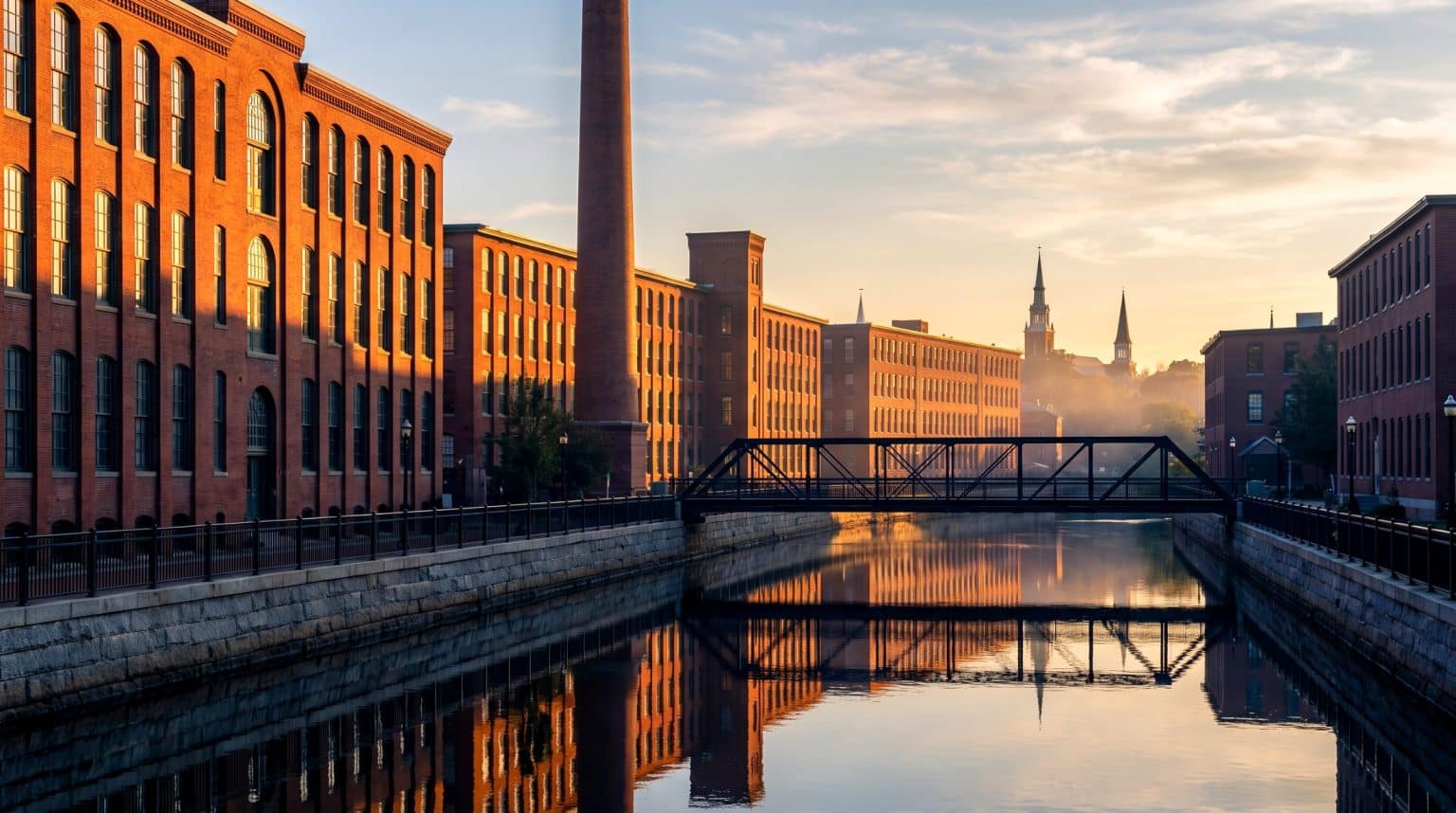 Contact 1 Red brick textile mills and an iron footbridge reflected in the canal in the historic Mill City district of Lowell, Massachusetts