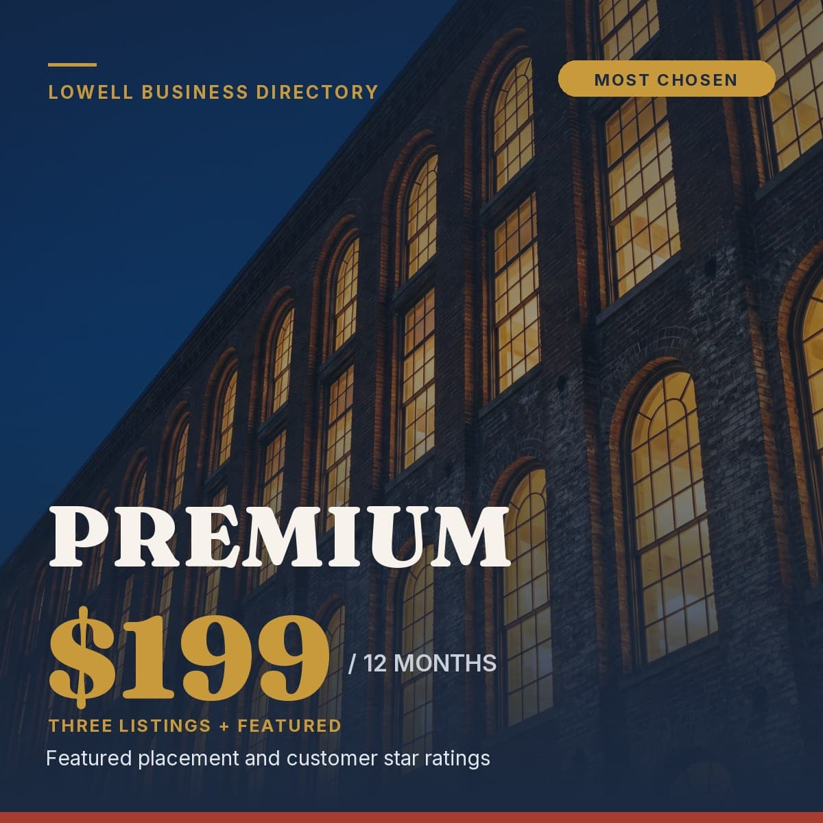 Premium Business Listing (12 Months) 1 Premium business listing plan, three featured listings for $199 for twelve months