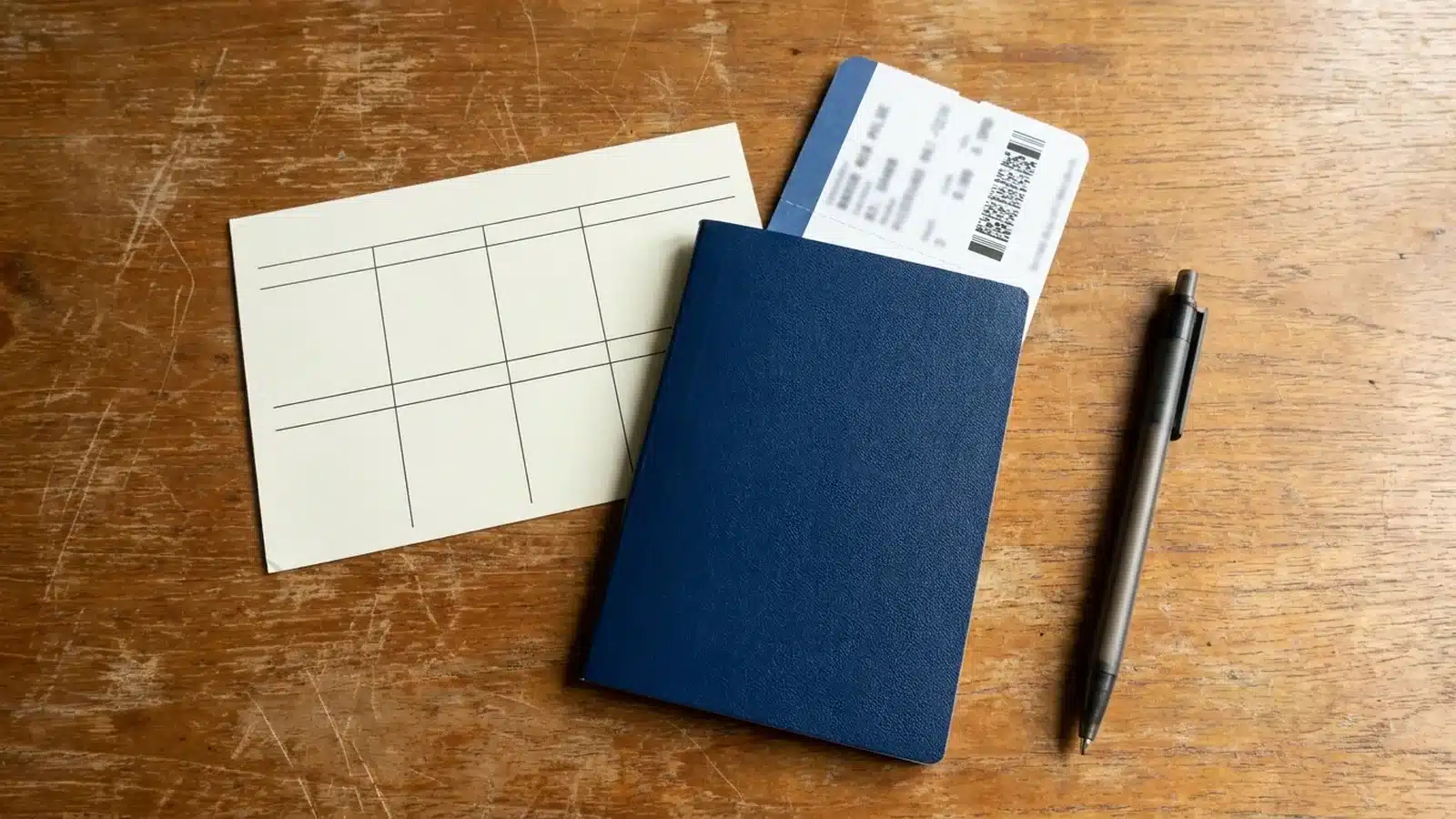 FBI background check for teaching English abroad: country by country 4 A blank fingerprint card, a dark blue passport with a boarding pass tucked inside and a pen on a wooden desk
