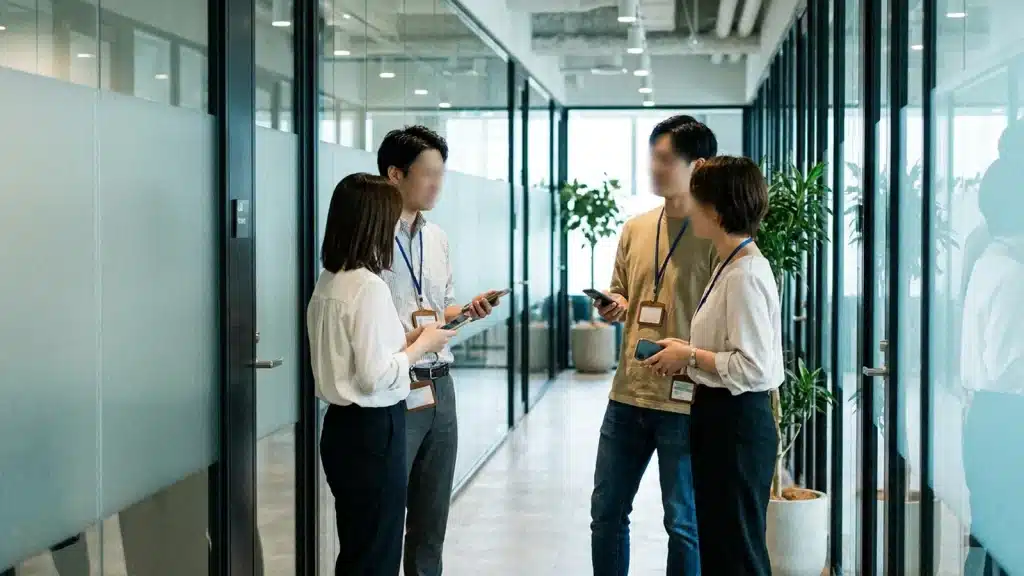 Four employees with ID badges and phones talking in a glass-walled office corridor while they wait their turn for on-site fingerprinting