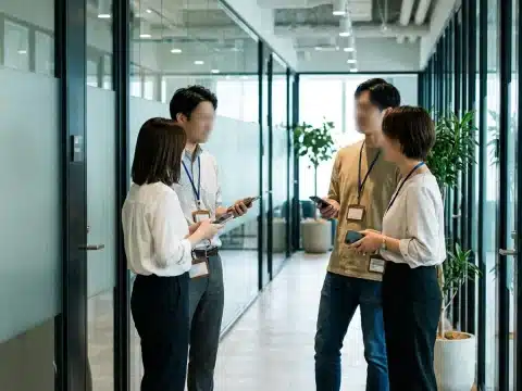 Four employees with ID badges and phones talking in a glass-walled office corridor while they wait their turn for on-site fingerprinting