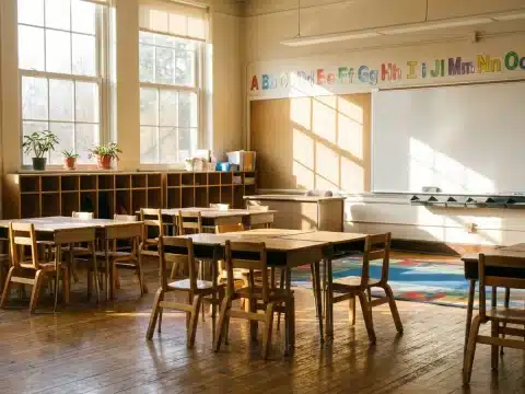 Empty classroom with small wooden desks, an alphabet strip and a whiteboard, for a guide to the FBI background check for teaching English abroad