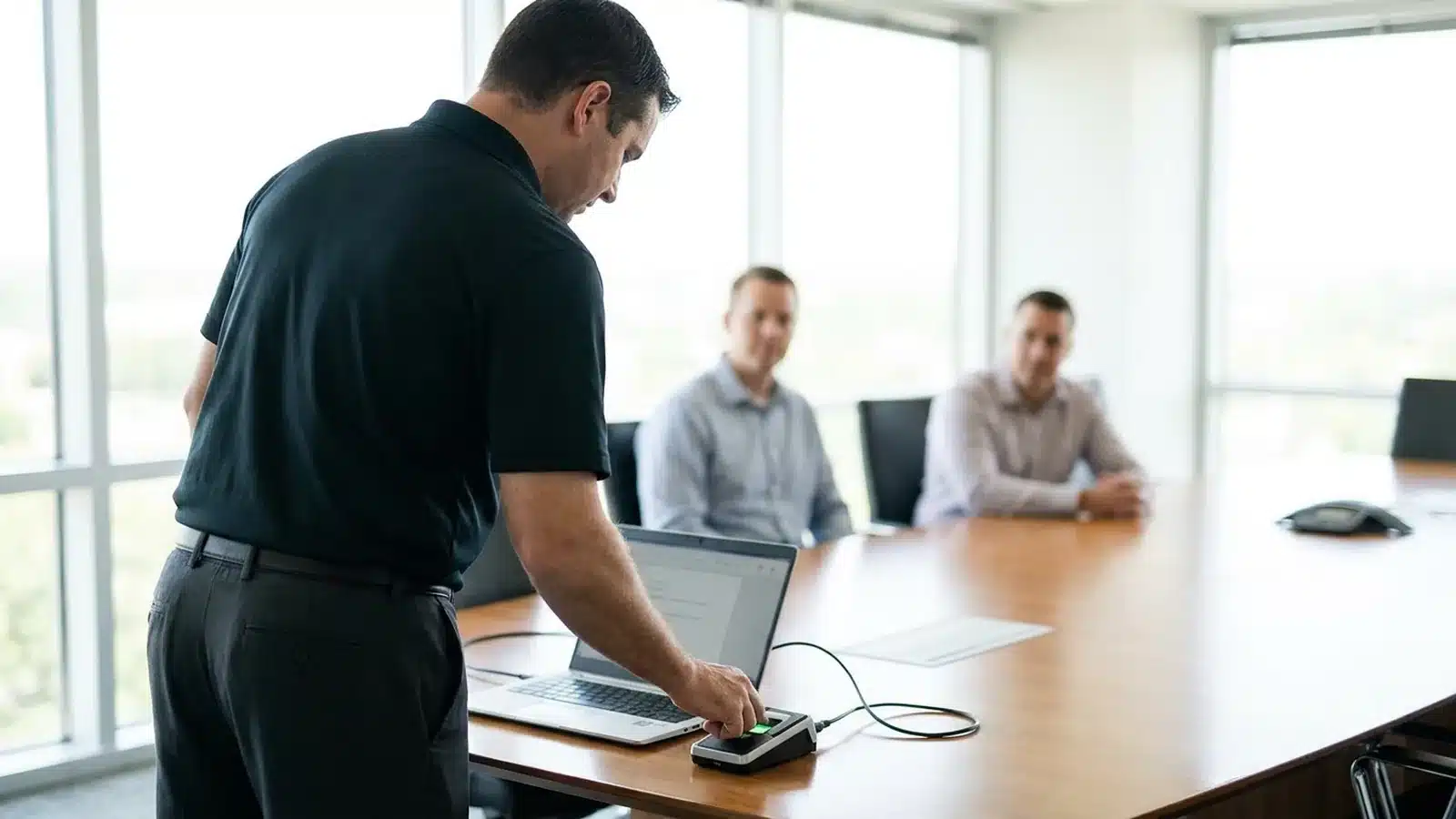 Mobile fingerprinting for Lowell employers: what it covers and costs 4 Technician setting up a portable fingerprint scanner connected to a laptop on a conference table while two employees wait